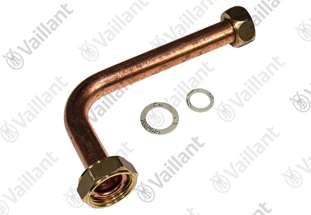Kupferrohr mit einer gebogenen Form und zwei Gewindeverbindungen. Dazu gehören zwei Unterlegscheiben. Produkt der Marke Vaillant.